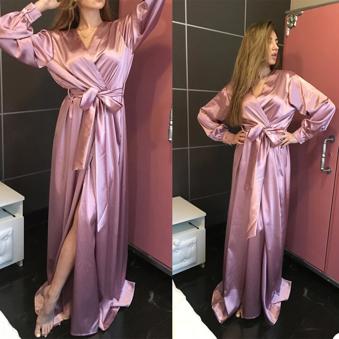 Plus Size Fashion Sexy Satin Bathrobes Women Sleepwear Lingerie Nighties V Neck Nightdress Lace Up Loose Nightgown