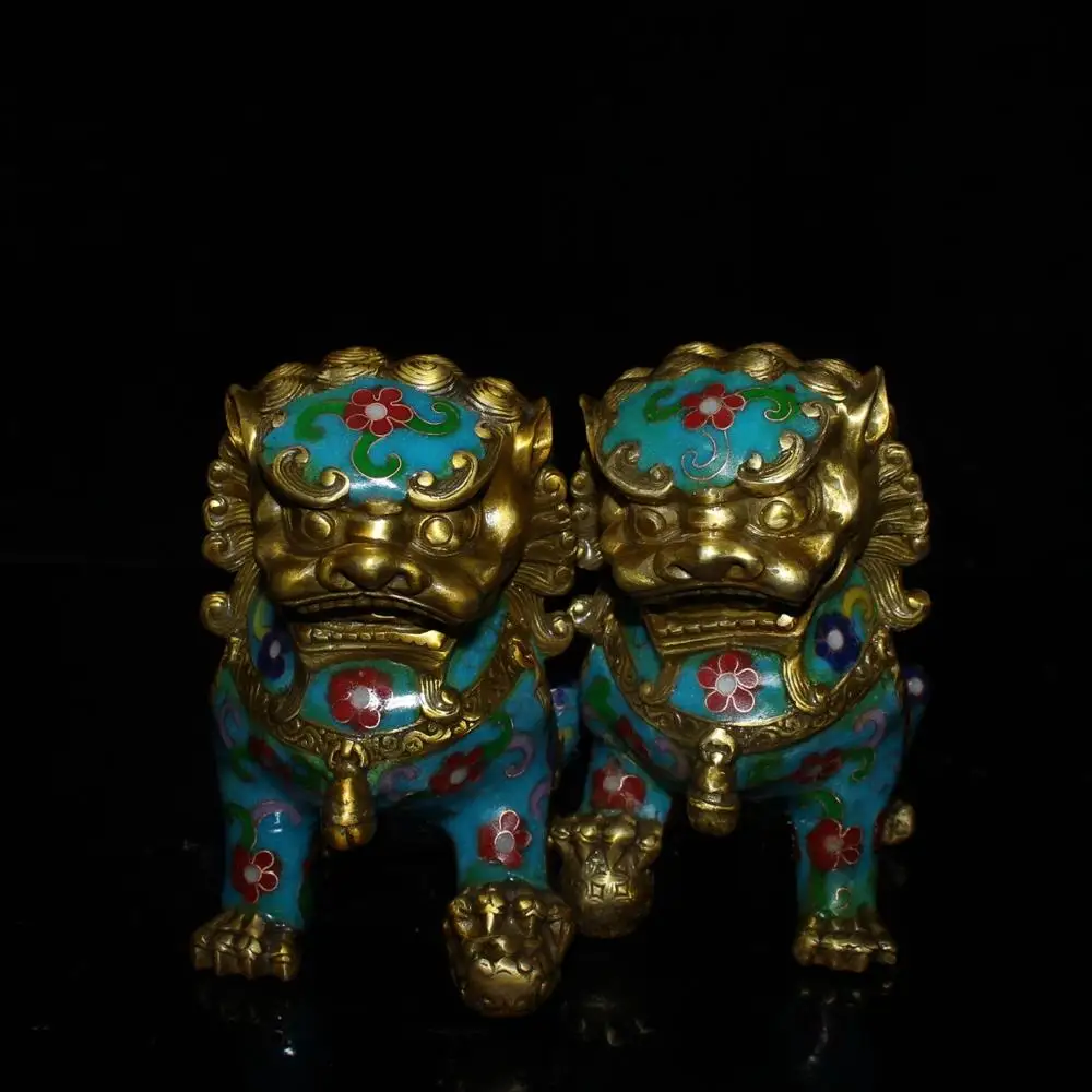 Chinese Old Beijing Old Goods, Collection Old Copper Tire  Cloisonne Festoon Pair Of Lions