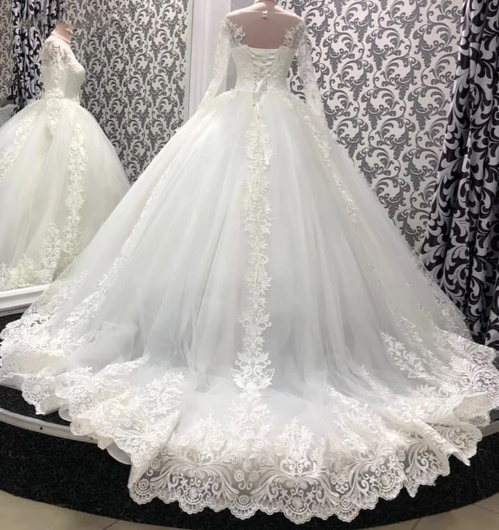 Robe De mariée blanche à manches longues en dentelle, tenue De bal, De cour, avec traîne