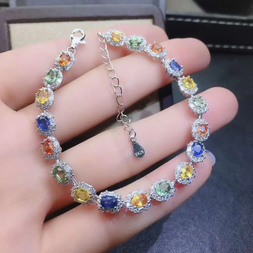 

100% Natural And Real sapphire bangle Bracelet Solid S925 Sterling Silver For Women Color Gem Stone