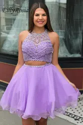 Lilac Homecoming Dresses Short A Line Sparkly Beading Rhinestones Sheer Neck Chiffon Girls Graduation Party Dress robe courte