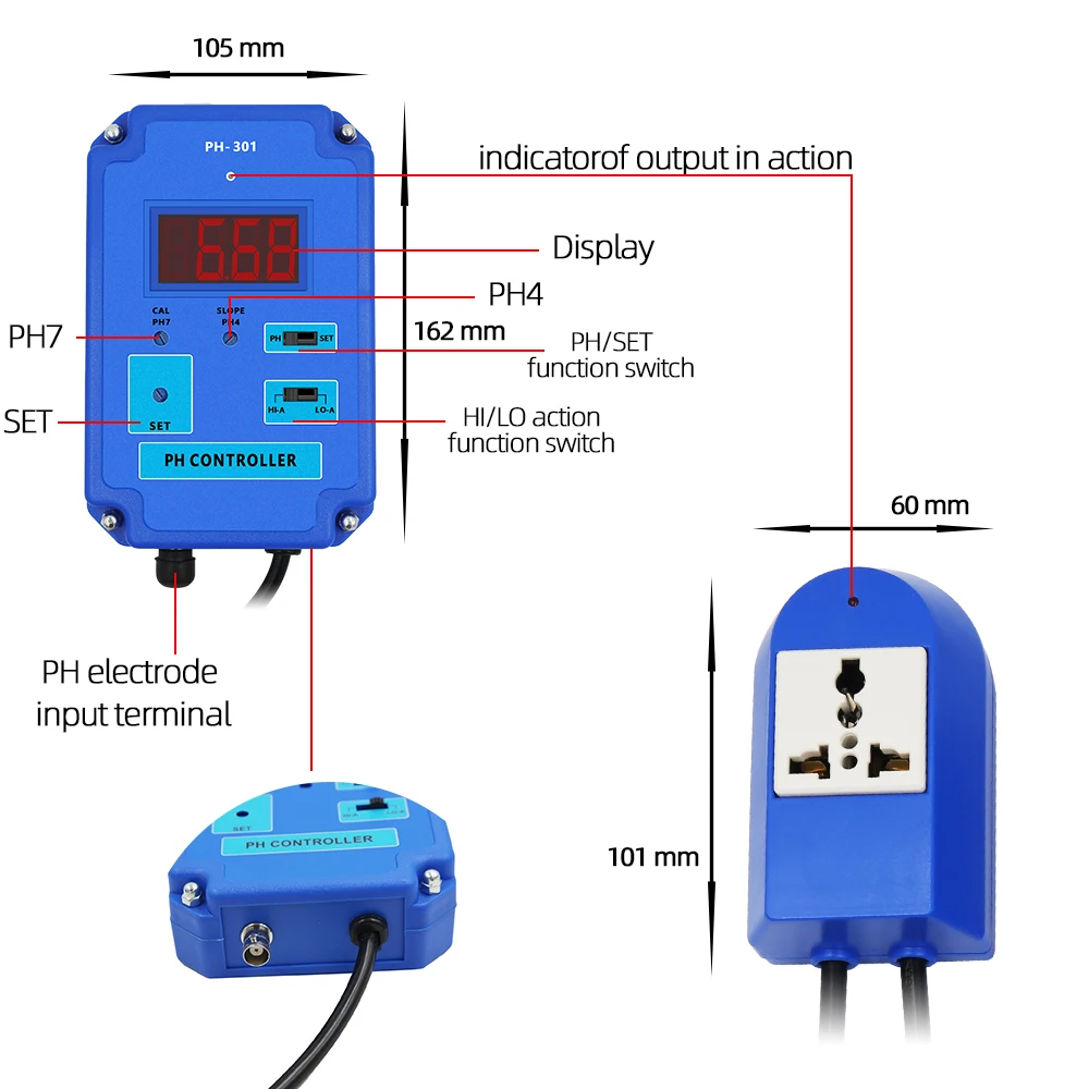 PH-301 Digital PH Controller pH Meter Water Purity Tester Acidity Detector With HI/LO Action Optional for Aquarium Pool