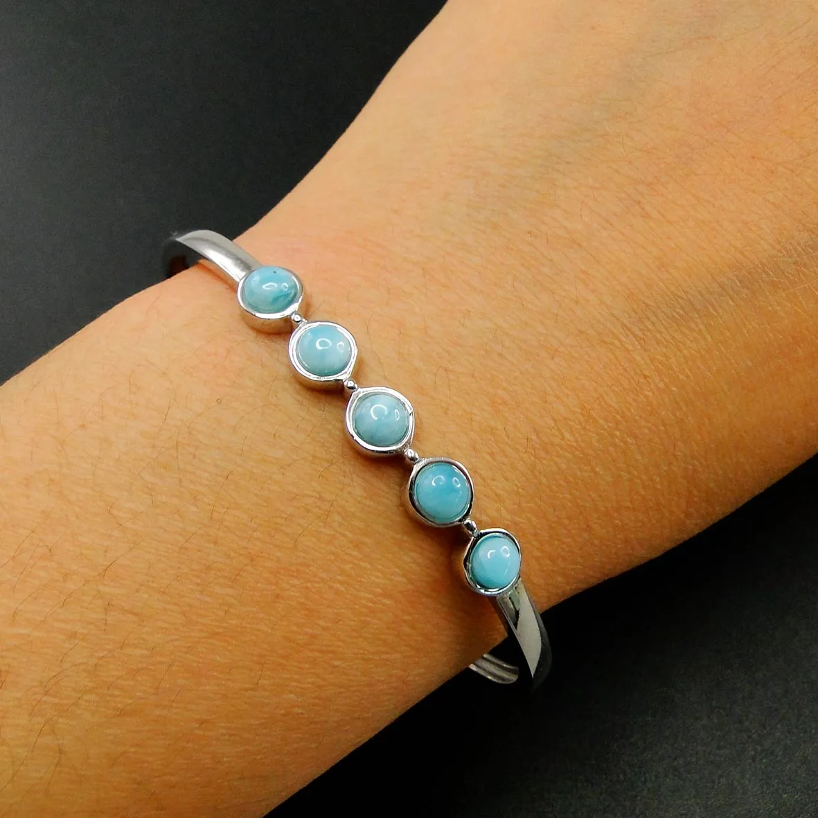 100% 925 Sterling Silver High Quality Natural Larimar Bracelet Fine Jewelry Larimar Bangle for Women's Gift