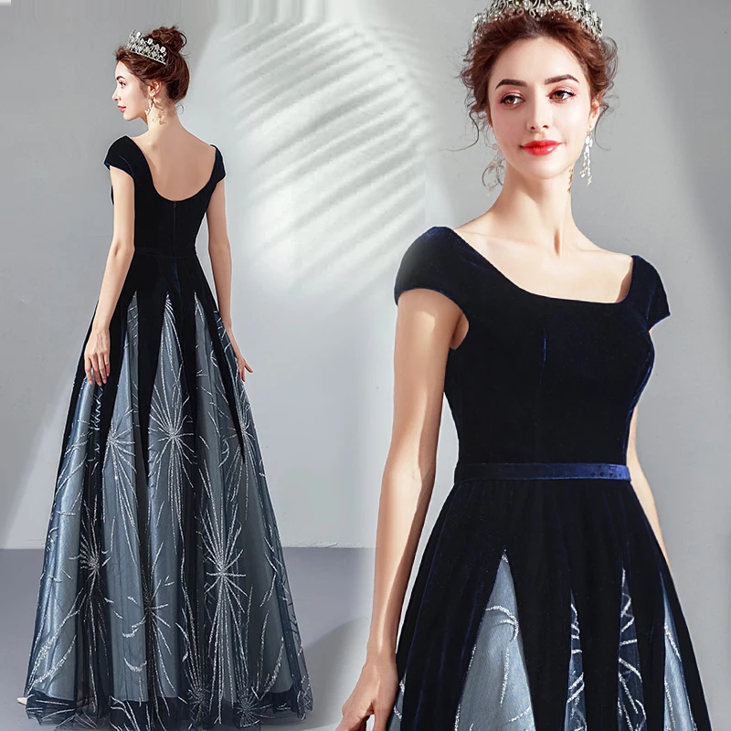 Elegante azul preto miçangas mãe da noiva vestido 1124