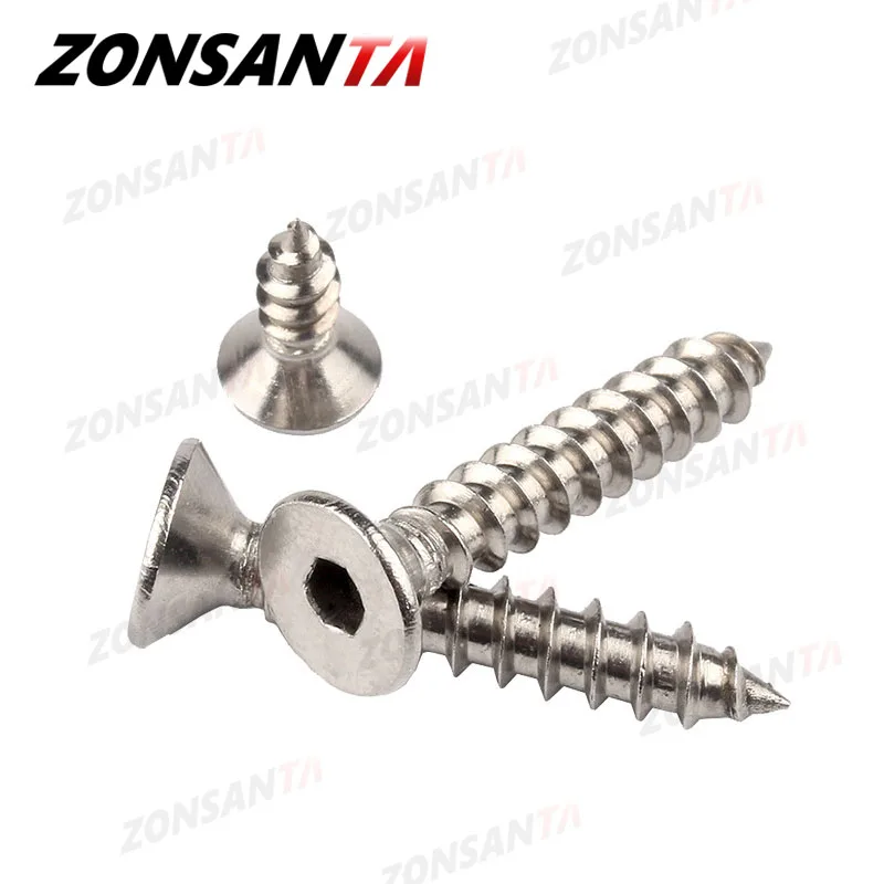 ZONSANTA-tornillo de rosca de cabeza avellanada M3 M4 M5, hexagonal, de acero inoxidable 304, cabeza Allen plana, para madera