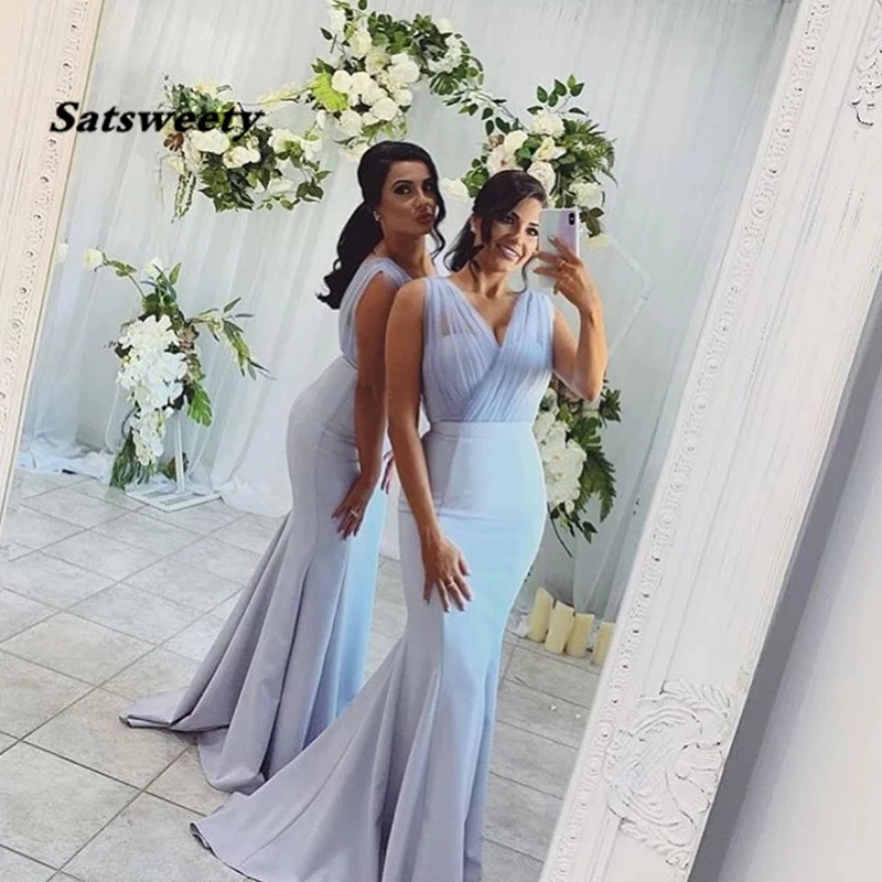 Sexy Mermaid Long Bridesmaid Dresses Sleeveless V-neck Light Blue Satin Women Wedding Party Dress Vestidos Formal Gowns