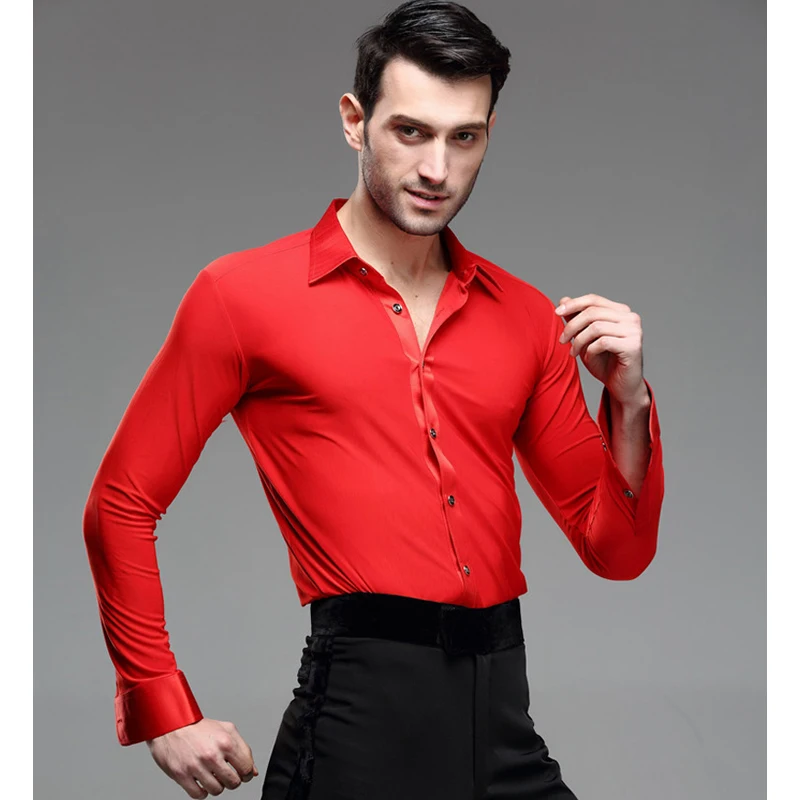 

Men Boy Red Ballroom Latin Shirt New Adult Long Sleeve Party Jazz Tango Rumba Samba Modern Dance Salsa Shirt Tops Size39-43