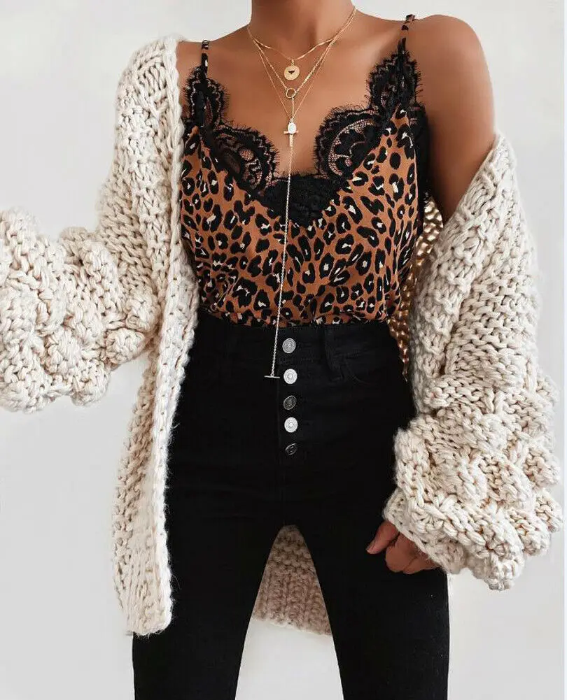 Women Lace Leopard Print Vest Ladies Sleeveless Vest Tank Tops Ladies Loose V-Neck Camisole T-Shirt Ladies Tops Clothing