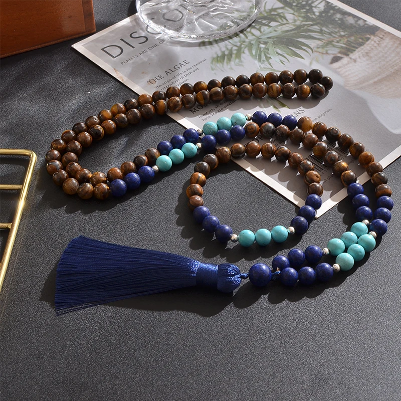 8mm Yellow Tiger Eyes Lapis Lazuli Blue Turquoise Beaded Necklace Meditation Yoga Jewelry Set 108 Japa Mala Prayer Rosary