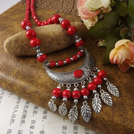 Bohemia Vintage Ethnic Leaf Red Stone Tassel Necklace For Women Gypsy Sliver Color Long Chain Necklace For Girls Tibetan Jewelry