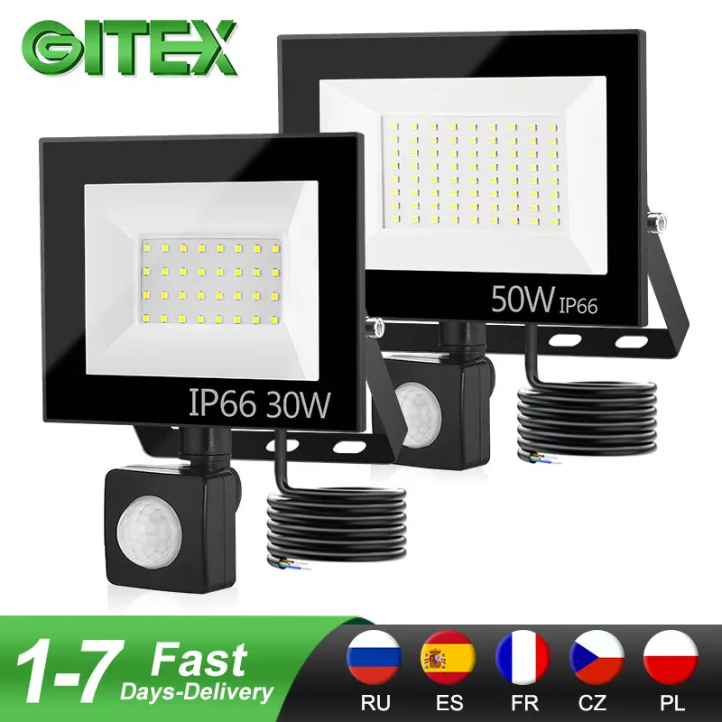 Reflector LED con Sensor de movimiento PIR, lámpara de pared para exteriores, impermeable IP66, 220V, 240V, 10W, 20W, 30W, 50W