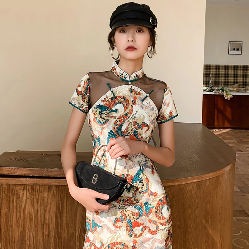 Women Dragon Qipao Modern Chinese Style Dress Cheongsam Elegant Chinese Costume Evening Dresses Chinese Summer Dresses  JL1378