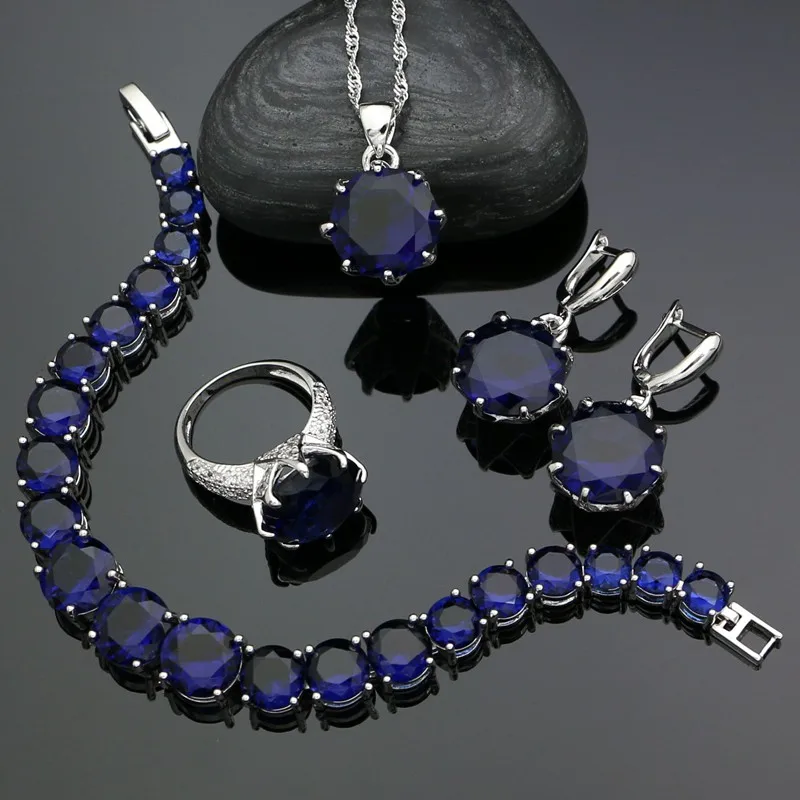 925 Silver Jewelry Sets For Girls Accessories Blue Cubic Zirconia Earrings Ring Bracelet Pendant Necklace Set Silver Jewelry