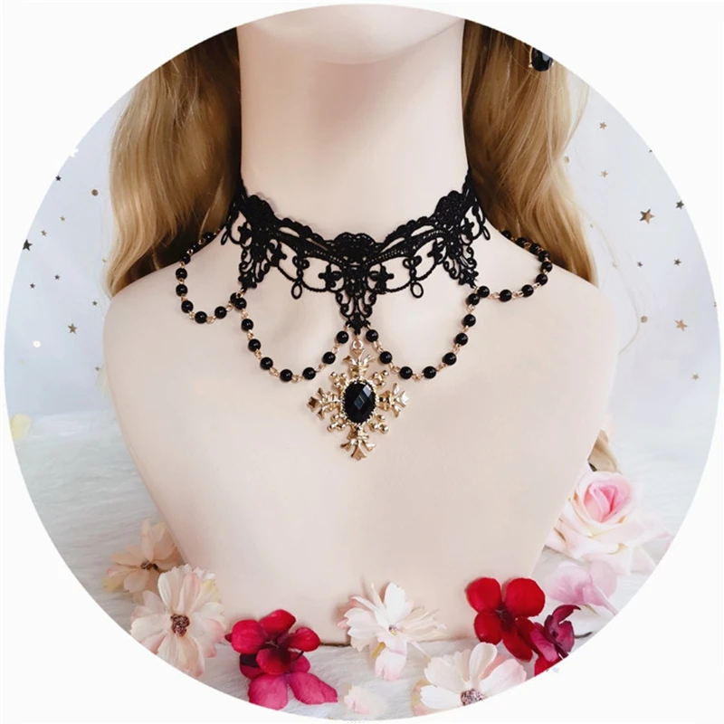 Lolita KC Gothic Diablo Series Notre Dame Apollo Sun Punk Rose Pearl Lace Collarbone Chain Necklace