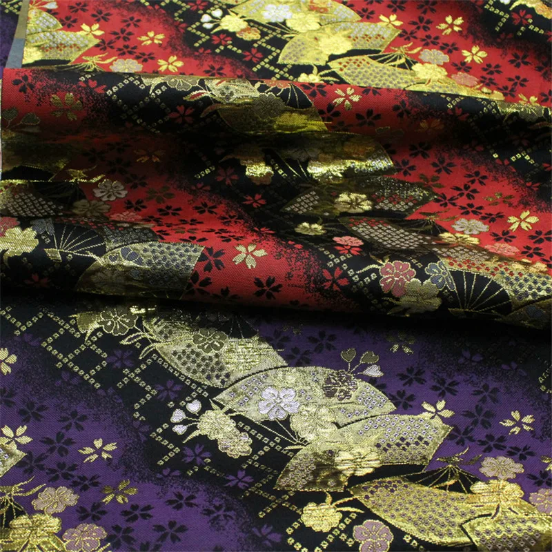 Silky Jacquard Fabric for Kimono, Japanese Style Clothing, DIY Sewing Fabric, Purple, Red, Black, Golden, Metallic Brocade, CF70