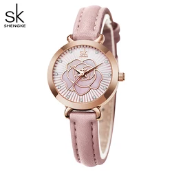 Shengke-Reloj de cuero blanco para mujer, pulsera elegante con esfera de flores coloridas, movimiento japonés, de cuarzo