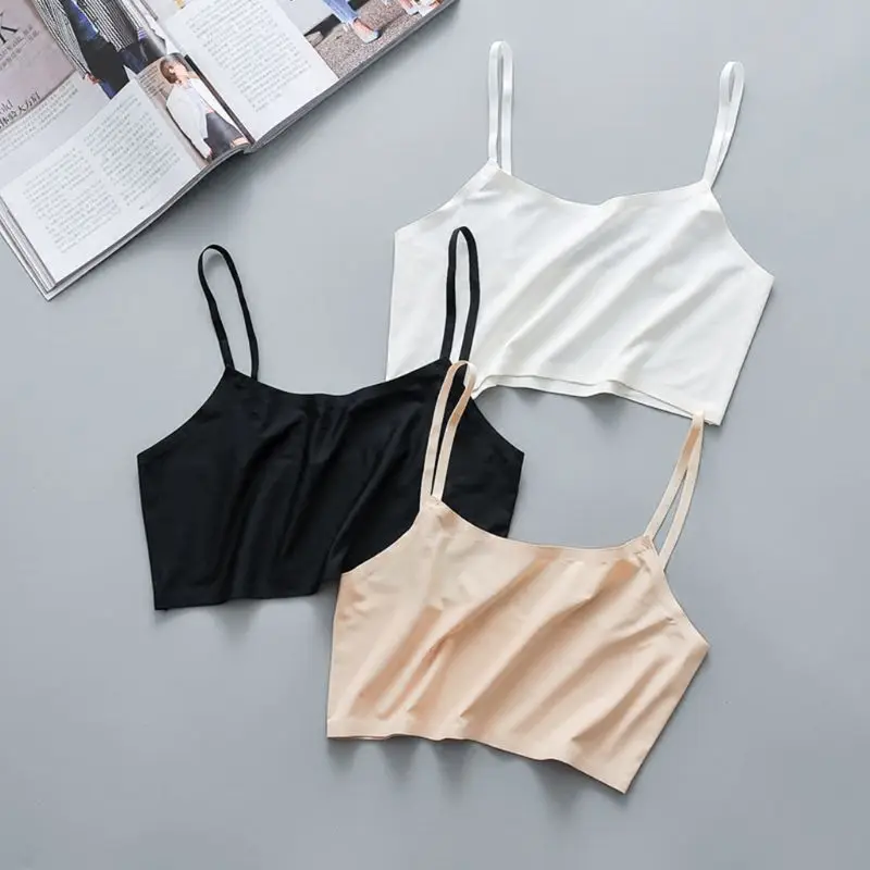 Women Girls Summer Ice Silk Crop Top Spaghetti Strap Seamless Bralette Solid Color Wire Free Basic Stretch Camisole Vest