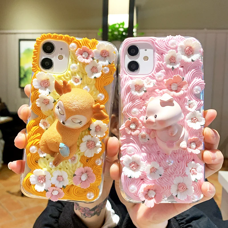 

Handmade Customized Case For Samsung S21 plus DIY Phone Cover s20 FE Cute Dear Pig Galaxy s9/10 cream shell Note20 ultra note10+