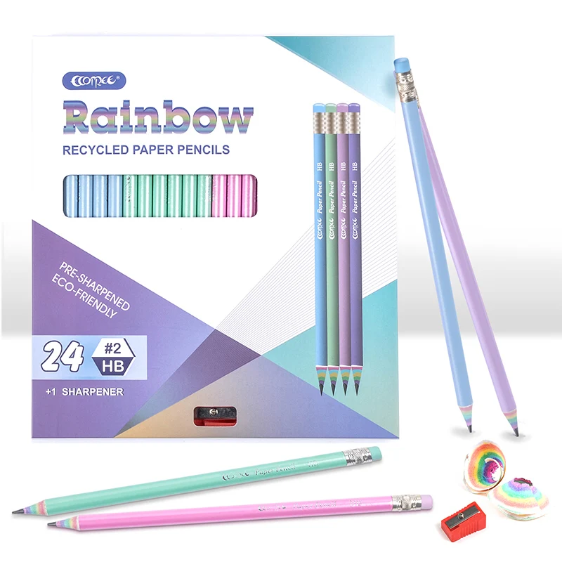 12/24Pcs Rainbow Recycled Paper HB #2 Pencils Presharpened With Eraser School and Office Supplies Ideal Gift Stationery