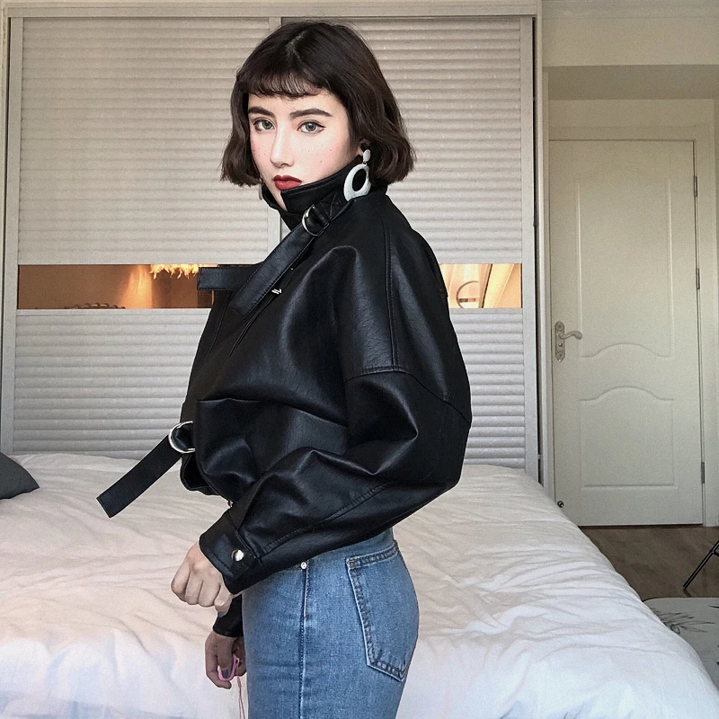Veste en similicuir PU pour femme, manches chauve-souris, manteau de motard moto, fermeture éclair courte, noir, printemps, rue, manteau en cuir