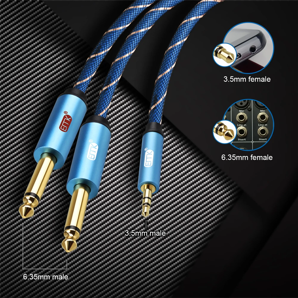 EMK 3.5mm to 2 6.35mm Audio Cable Stereo Aux 3.5 Male to Male 6.35 6.3 6.5 Mono Y Splitter Audio Cord 5m for Phone to Mixer