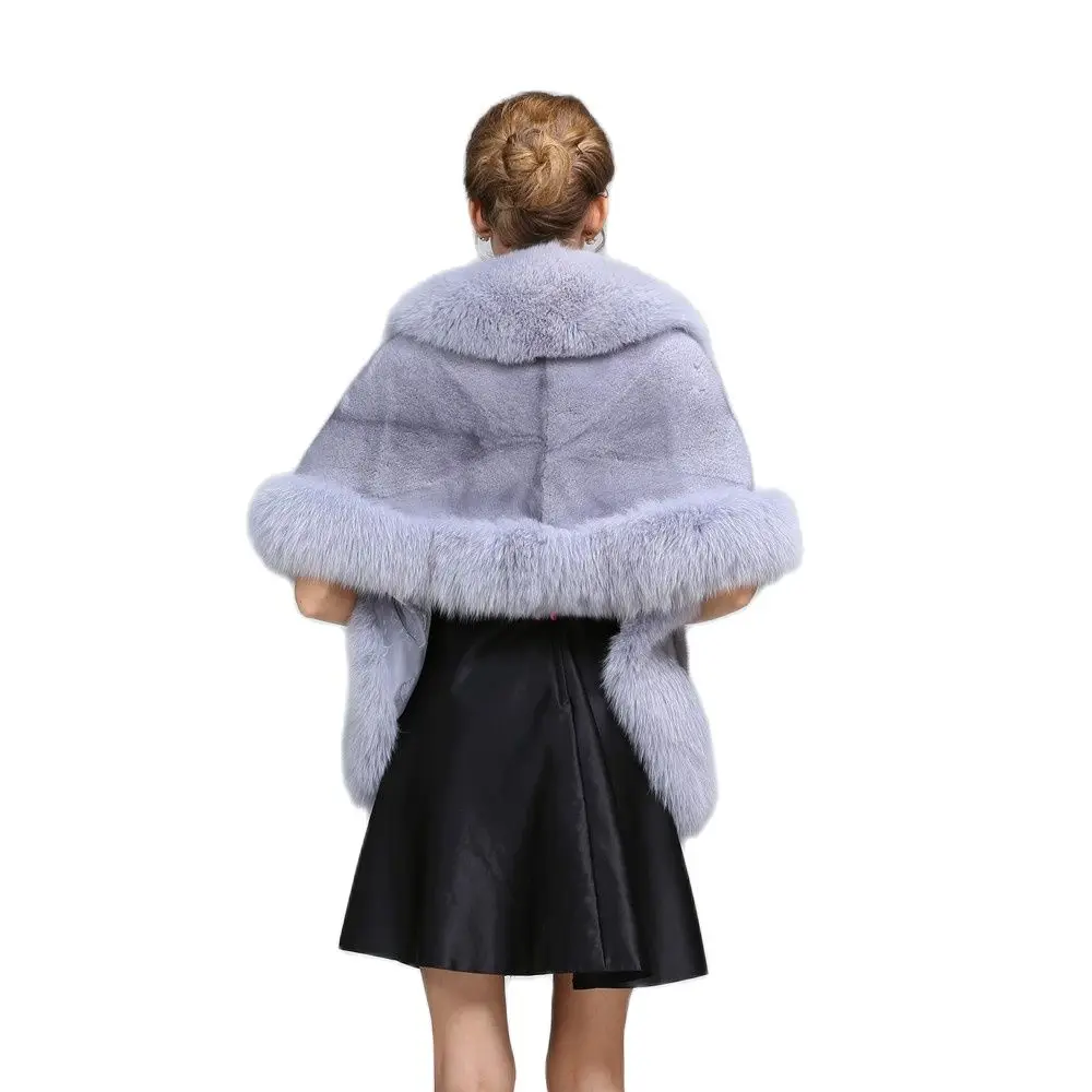 Western Real Mink Fur Coat Light Blue Women Cloak Tender Fashion Ladies Coat With Fox Fur Collar