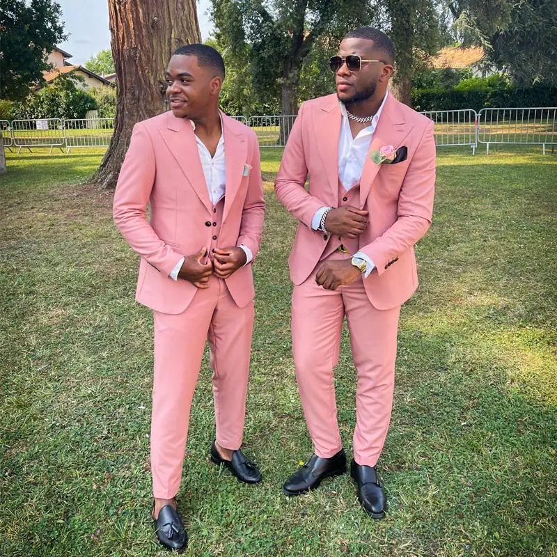 Custom Made Men Suits Rose Gold Groom Tuxedos Peak Lapel Groomsmen 3 Pieces Set ( Jacket + Pants + Vest + Bow Tie ) D411