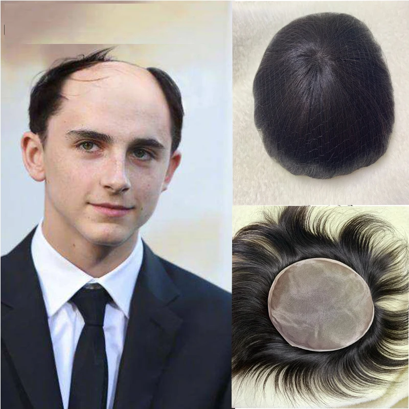 

Breathable Silk Base Jet Black Colored Men'S Toupee Hairpieces Human Hair 6 Inch PU With Soft Skin Swiss Lace Toupee For Men