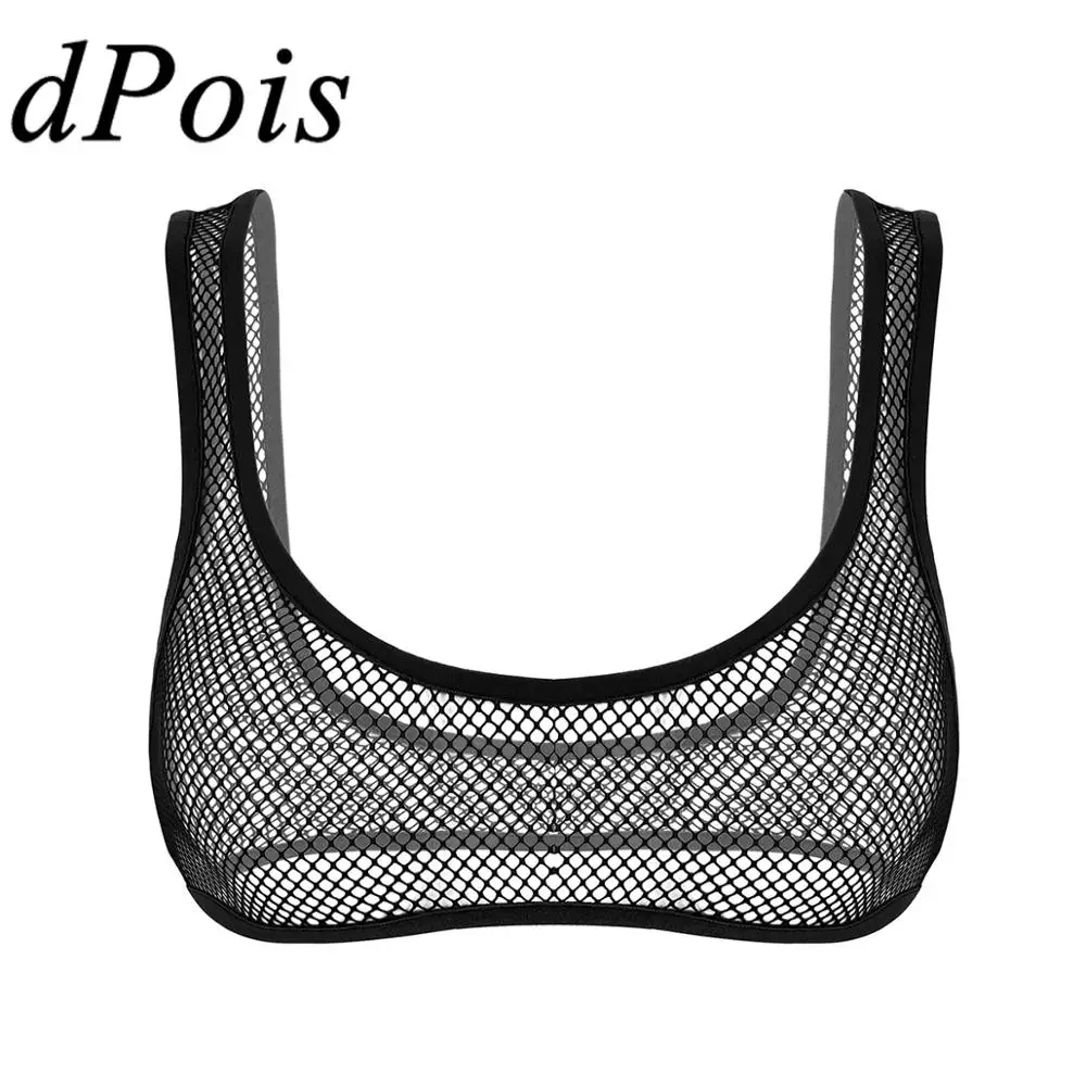 Women Fishnet Bra Top Cropped Tank Top Lingerie Deep U Neck Hollow Out See Through Fishnet Wide Shoulder Straps Vest Crop Tops