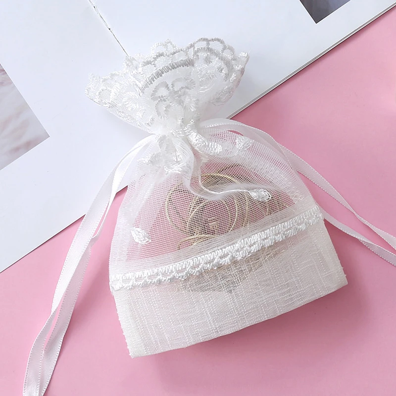 New 10X14CM Five Petal Flower White Lace Yarn Bag Folded Bottom Jewelry Drawstring Bag Creative Gift Slub Yarn Drawstring Pocket