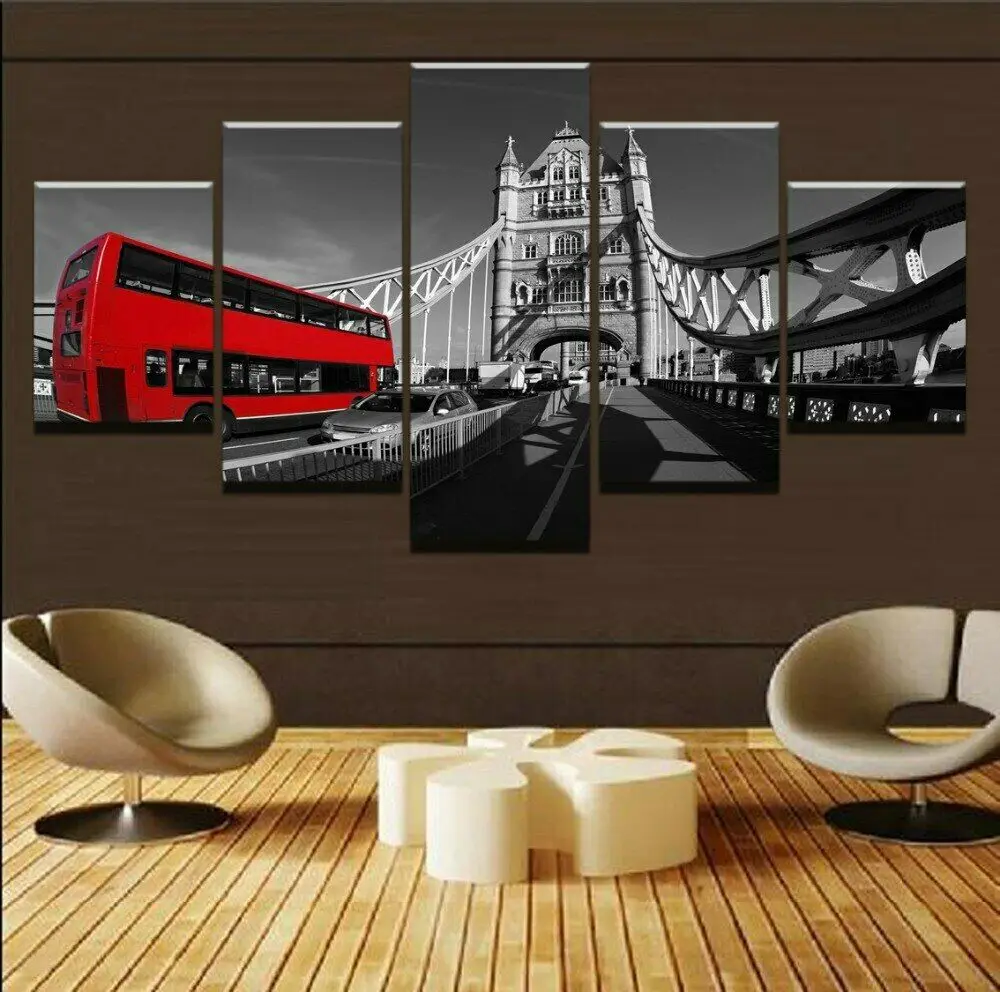 

Red Bus In London Bridge 5 Panel Canvas Picture Print Wall Art Canvas Painting Wall Decor for Living Room Poster No Framed