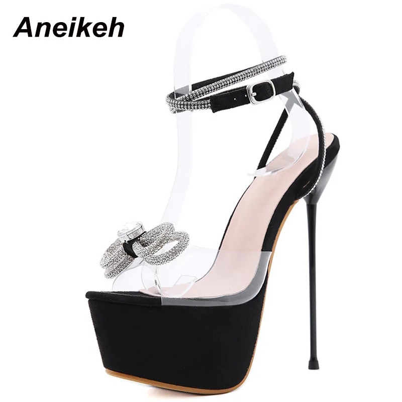 Aneikeh Shoes For Women 2024 Sweet Butterfly-Knot Bordered Bling Crystal Patchwork High Heels Sandals PVC NEW Summer 34-40 Black