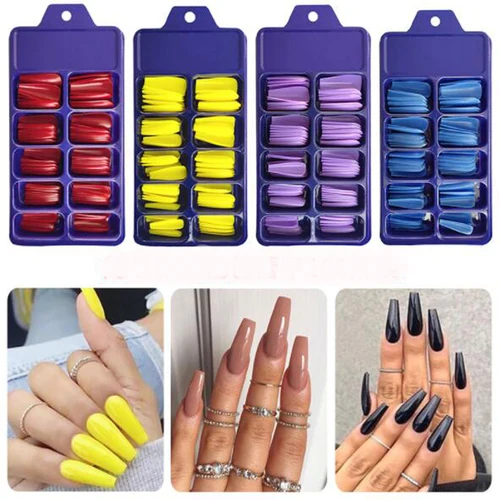 Imagen 1 del producto 100 Uds. Puntas de uñas postizas de bailarina larga de Color caramelo, cubierta completa, punta de uñas postizas acrílicas mate, herramientas de extensión de manicura de belleza DIY