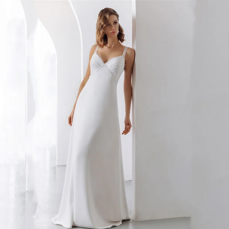 Abito da sposa Sexy a sirena con scollo a v 2024 spalline sottili in pizzo Backless Sweep Train abito da sposa Beach Summer Robe de mariée Stain