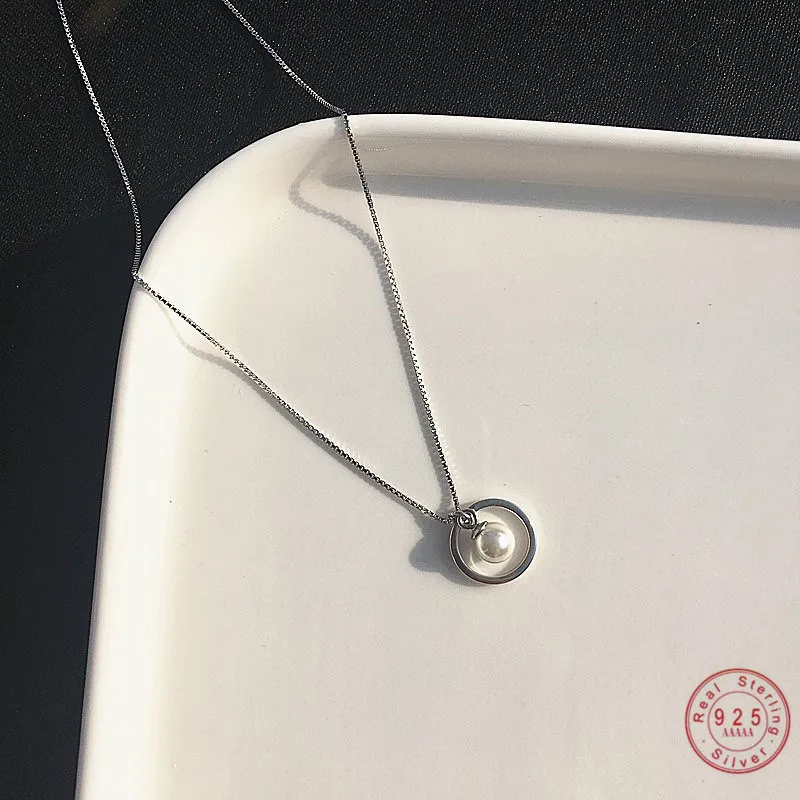 925 Sterling Silver Simple Circle Pearl Pendant Short Necklace Clavicle Chain Style Student Jewelry Accessories Gift