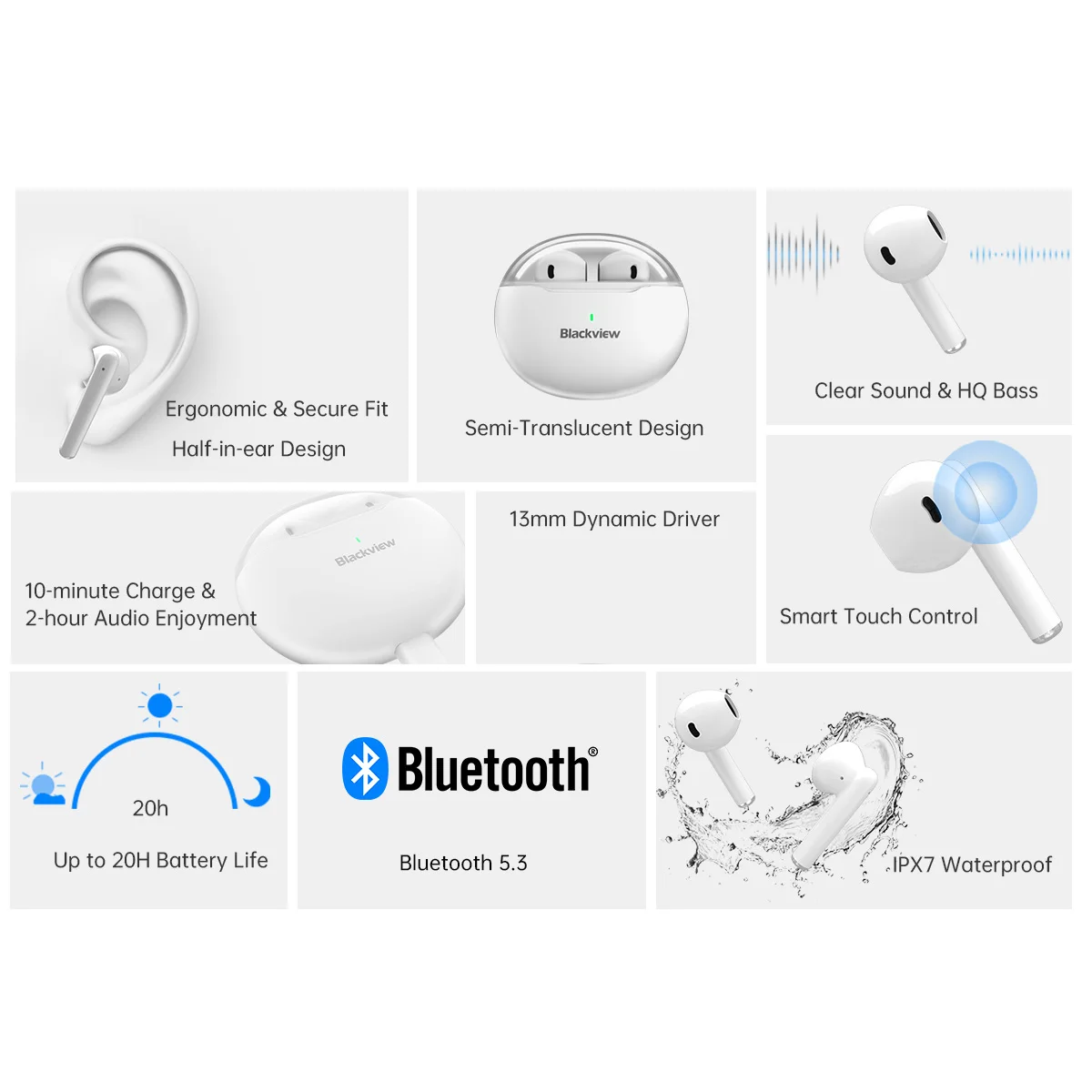 Blackview Airbuds 6 New TWS Wireless Earphone Bluetooth 5.3 Stereo Bass Earbuds Touch Control Hedset With Mic Headphones