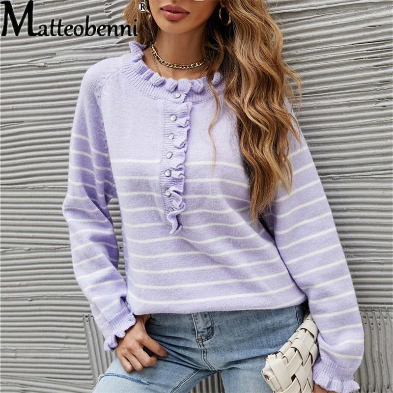 

Womens Stripe Loose Sweaters Autumn Long Sleeve Ladies Solid Frills O Neck Jumper Casual Knitted Tops Buttons Female Pullover