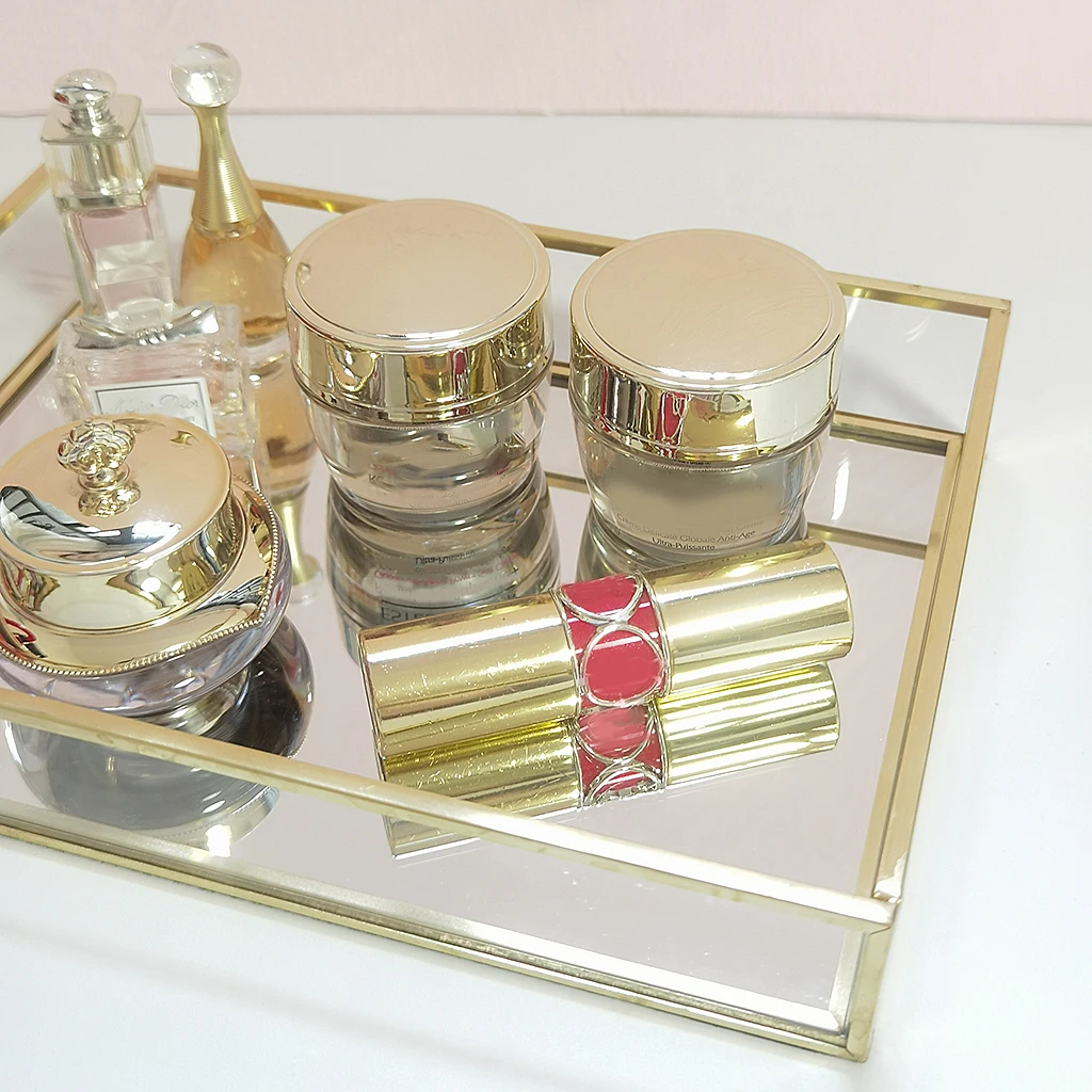 Retro Glass Mirror Decorative Storage Tray for Makeup Display Bracelet Table Glass Tray Gold Jewelry Cosmetic Organizer Tray