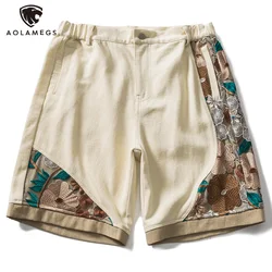 Aolamegs shorts masculinos flor bordado retalhos retro shorts verão aconchegante moletom masculino moda streetwear calças curtas unisex