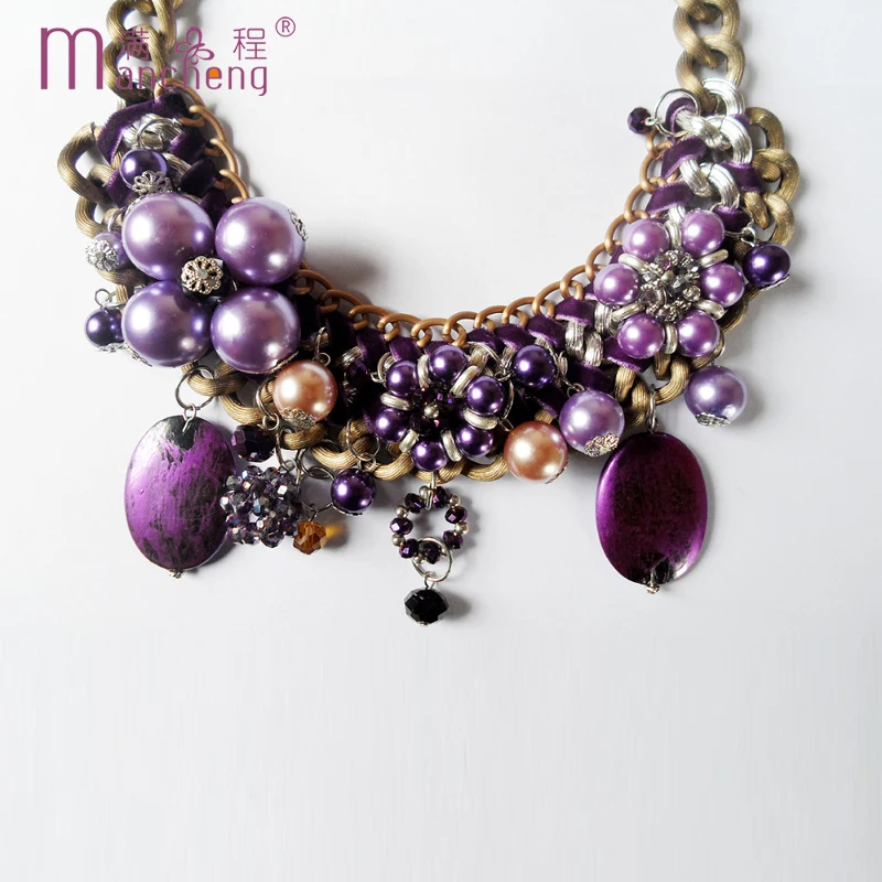 New Restoring Ancient Bronze Purple Pearl Crystal Necklace For Women Big Chunky Rope Chokers Clavicle Collar Para Mujer