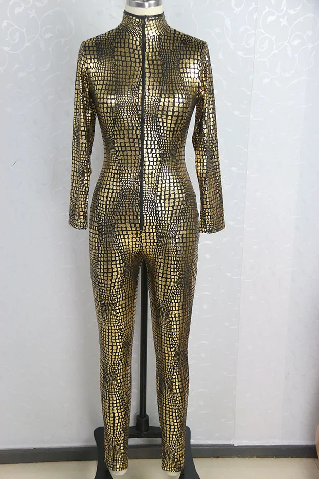 Women Sexy Metal Snake Skin Faux Leather Zipper Fornt Bandage Bodycon Jumpsuit Bodysuit Catsuit Overall Golden Black