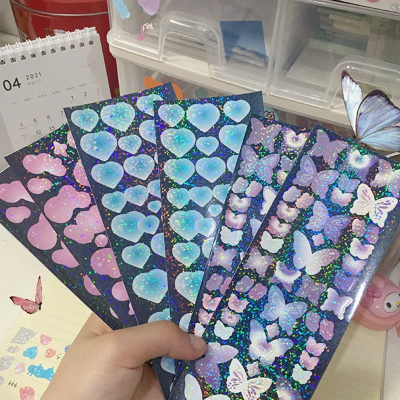 Colorful Butterfly Heart Laser Stickers Scrapbooking Hand Account Journal Doodling Korean Sticker Kawaii Stationery