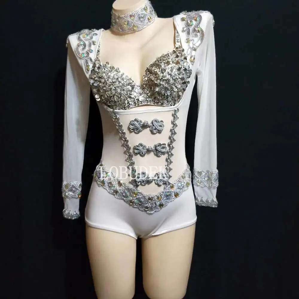 Women Singer Perspective Stage Outfit Sexy Fashion White Red Black Sequins Crystals Bra Bodysuit Tailing Set Nightclub Costume