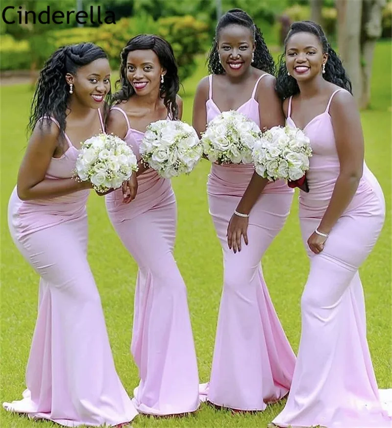 Robes de demoiselle d'honneur en Satin rose, bretelles Spaghetti, col en v, fermeture éclair au dos, robes de soirée de mariage