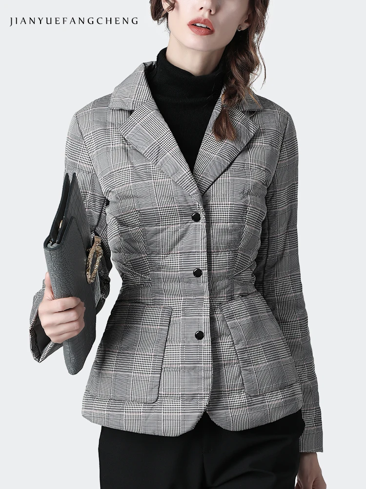 Elegant Suit Collar Gray Plaid Down Jacket Women Winter Warm Lightly Outwear Thin Puffer Coat Fashion Casual Ladies Down Jackets