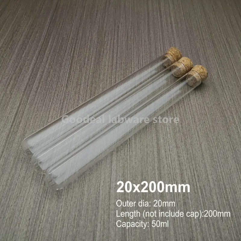 Outer Diameter 20mm Round Bottom Thickened Glass Test Tube Lab Glass Reagent Reaction Container with Cork Stopper