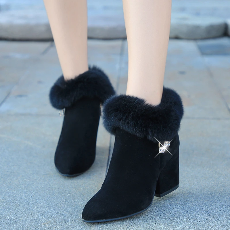 Fashion Boots Women Fur Winter Warm Pointed Ankle Boots Sexy Rhinestone Decoration Zipper Women Boots Comfortable Female Shoes