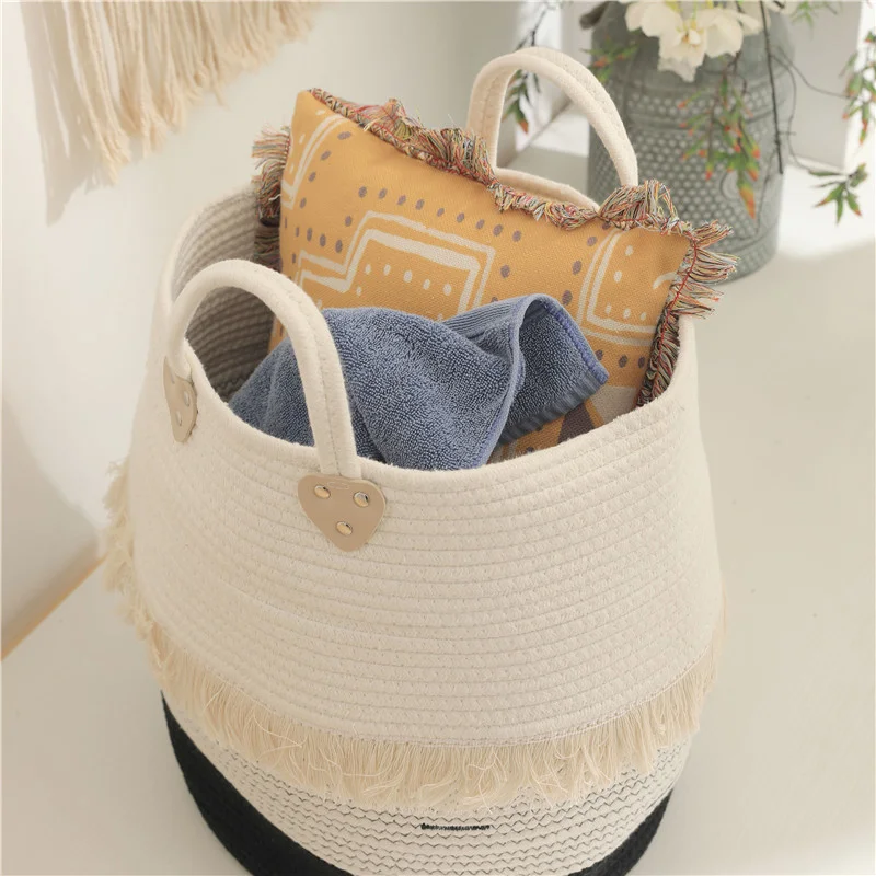 Simple Thread Floor Dirty Clothes Storage Basket Baby Toy Sorting Basket Cotton Rope Weaving Tassel Home Organization Tools