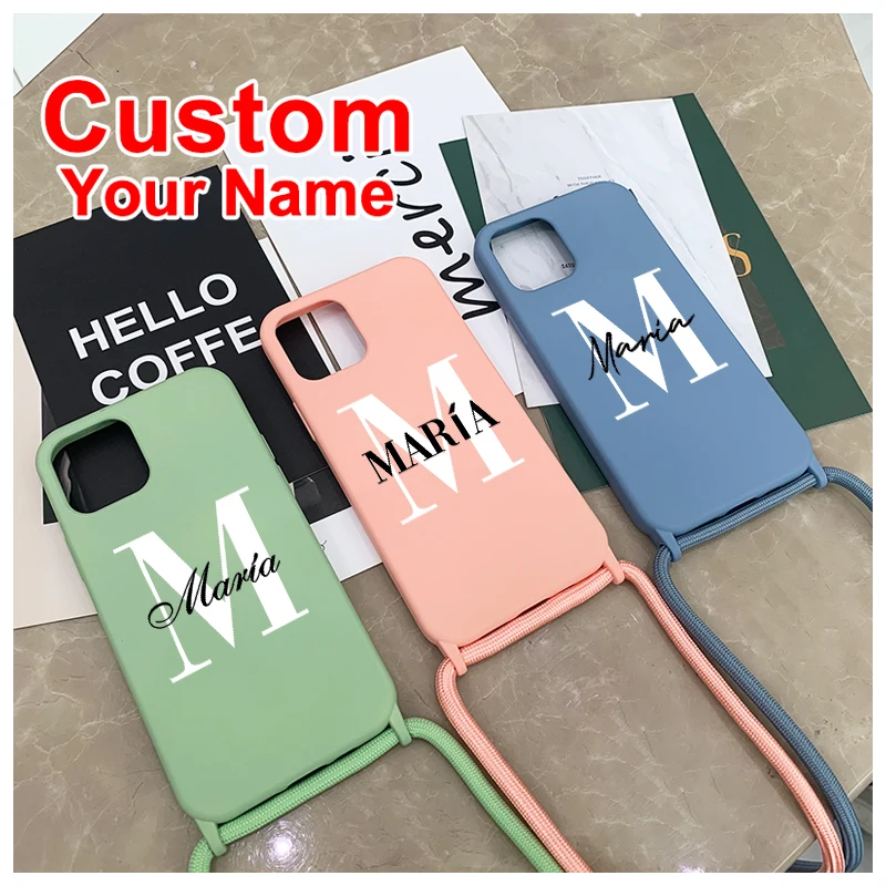 

Custom Your name Phone Case For iPhone 11 12 Pro 7 8 Plus X XR XS Max With Rope Soft Portable Liquid Silicone Case Gift Boy girl