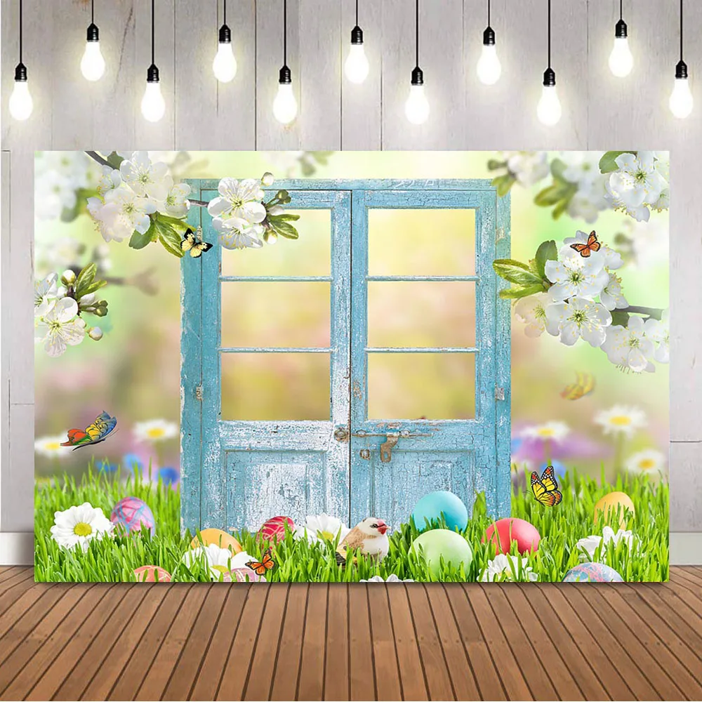 

Photography Background Spring Flowers Blue Door Easter Egg Backdrop for Photo Studio photocall Butterfly Green Grass Backdrops